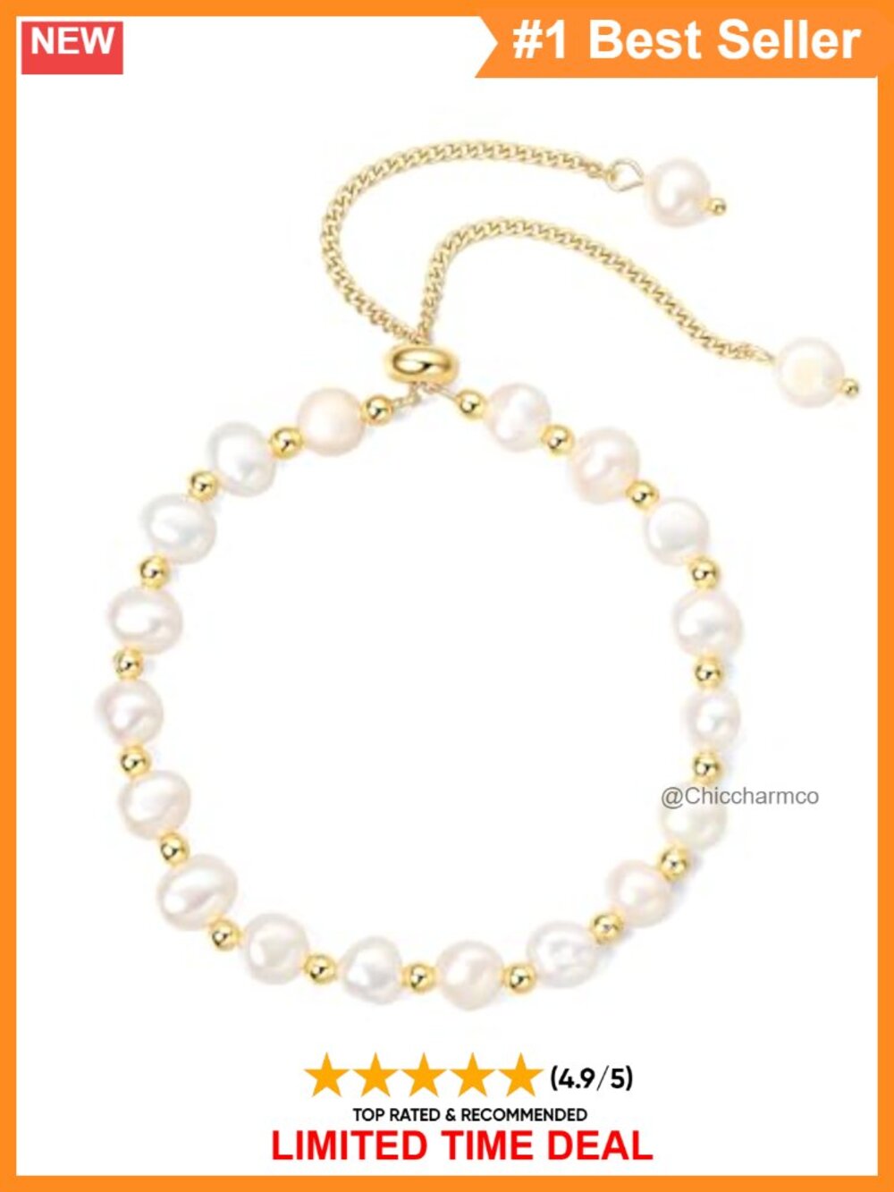 18K Gold Plated Pearl Bracelet Baroque Charm Adjustable Handmade Gift